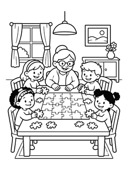 Free printable Family Puzzle Time At The Table coloring page
