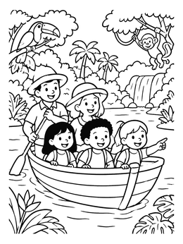 A family paddles a boat on this rainforest coloring page surrounded by jungle animals.