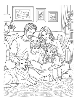 Cozy family coloring page showing parents, children, and a dog reading together.
