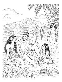 Free printable Family Relaxing On Hawaii Beach coloring page