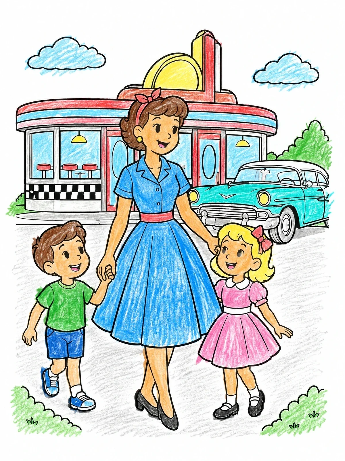 Colored example of the Family Outside A Retro Diner coloring page