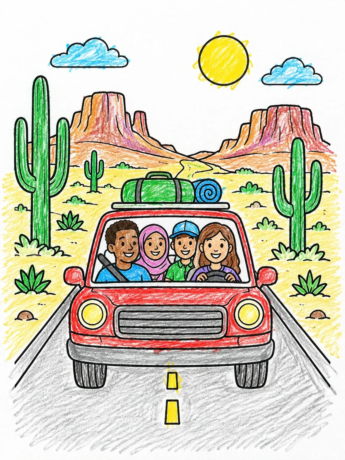 Colored example of the Family Road Trip Through Desert Mesas coloring page