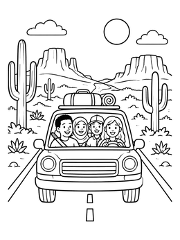 Free printable Family Road Trip Through Desert Mesas coloring page
