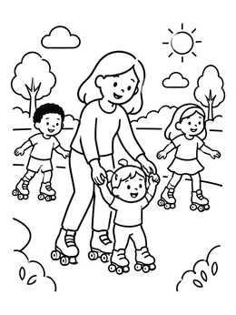 A mother helping a toddler in this roller skating coloring page outdoors.