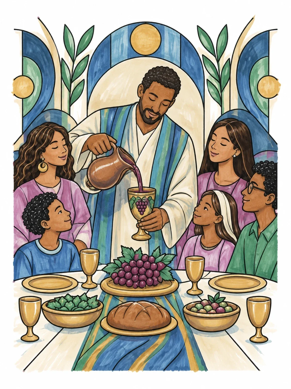 Colored example of the Family Gathering For Sabbath Dinner coloring page