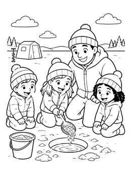 Free printable Family Ice Fishing Together coloring page