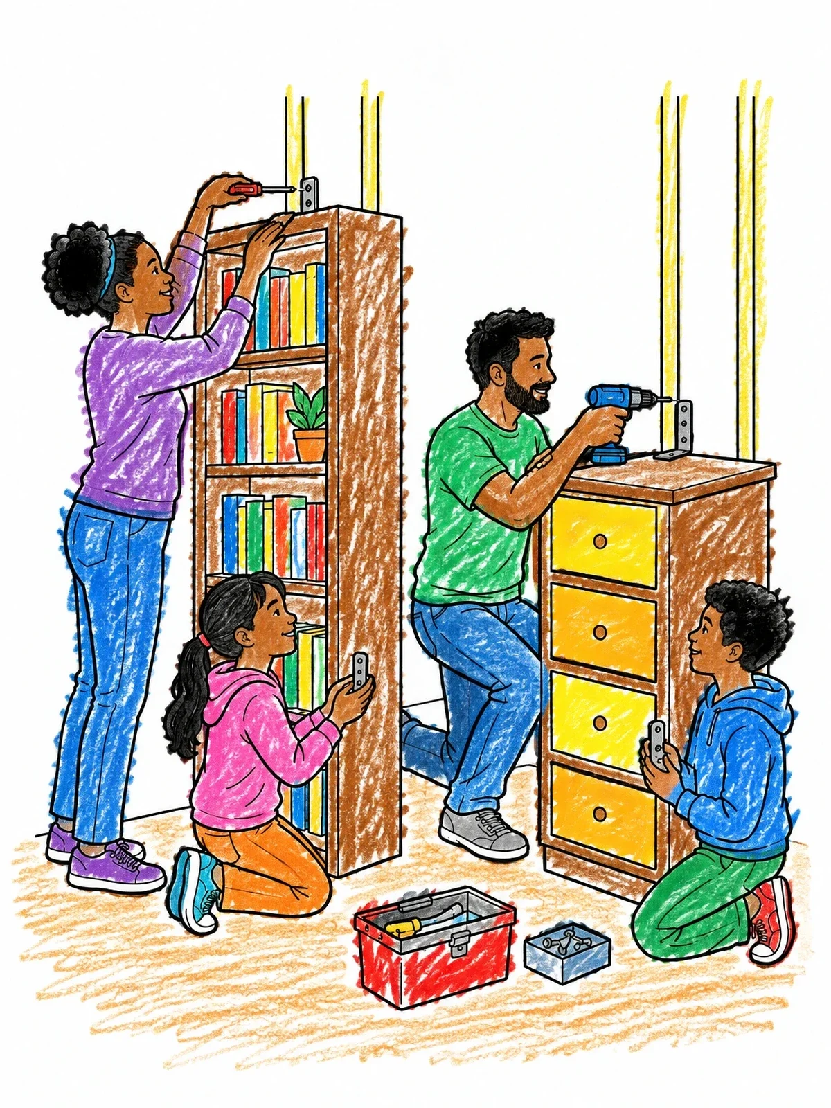 Colored example of the Family Securing Furniture For Earthquake Safety coloring page