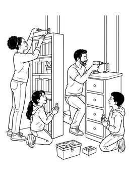 Free printable Family Securing Furniture For Earthquake Safety coloring page