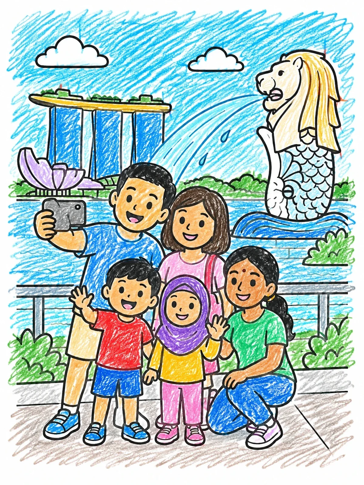 Colored example of the Family Selfie At The Merlion coloring page