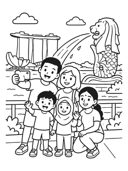Free printable Family Selfie At The Merlion coloring page