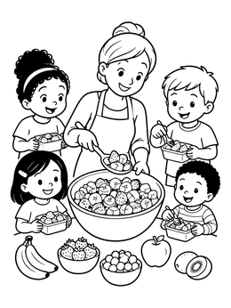 Free printable Family Serving Fresh Fruit Salad coloring page