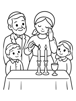Free printable Family Shabbat Candle Lighting coloring page