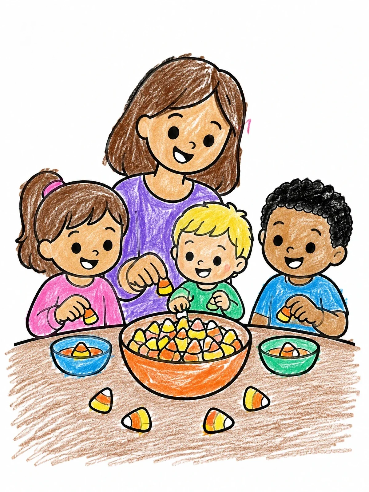 Colored example of the Family Sharing Candy Corn Treats coloring page