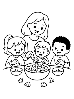 A mother and three happy children sitting at a table with a candy corn coloring page bowl.