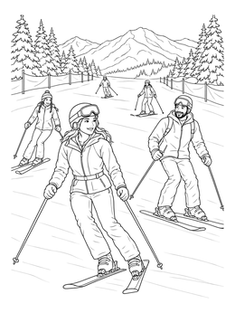 A cheerful skiing coloring page showing a group gliding down a mountain ski slope.
