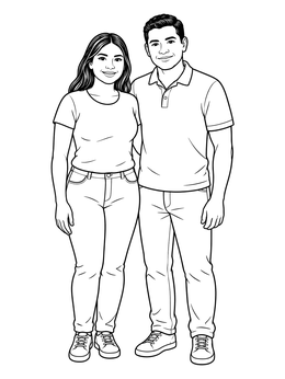 A smiling young couple stands side by side in this family coloring page.