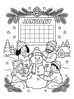 A cheerful family builds a snowman together in this january coloring page with a winter calendar.