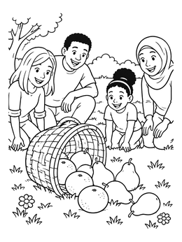 A smiling family watches fruit spill from a basket in this picnic coloring page.