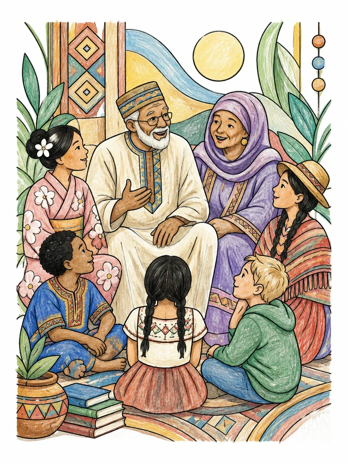 Colored example of the Family Storytelling In Diverse Cultural Attire coloring page