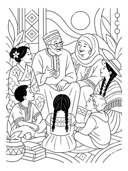 In this cultural coloring page, grandparents share stories with listening children wearing diverse traditional outfits.