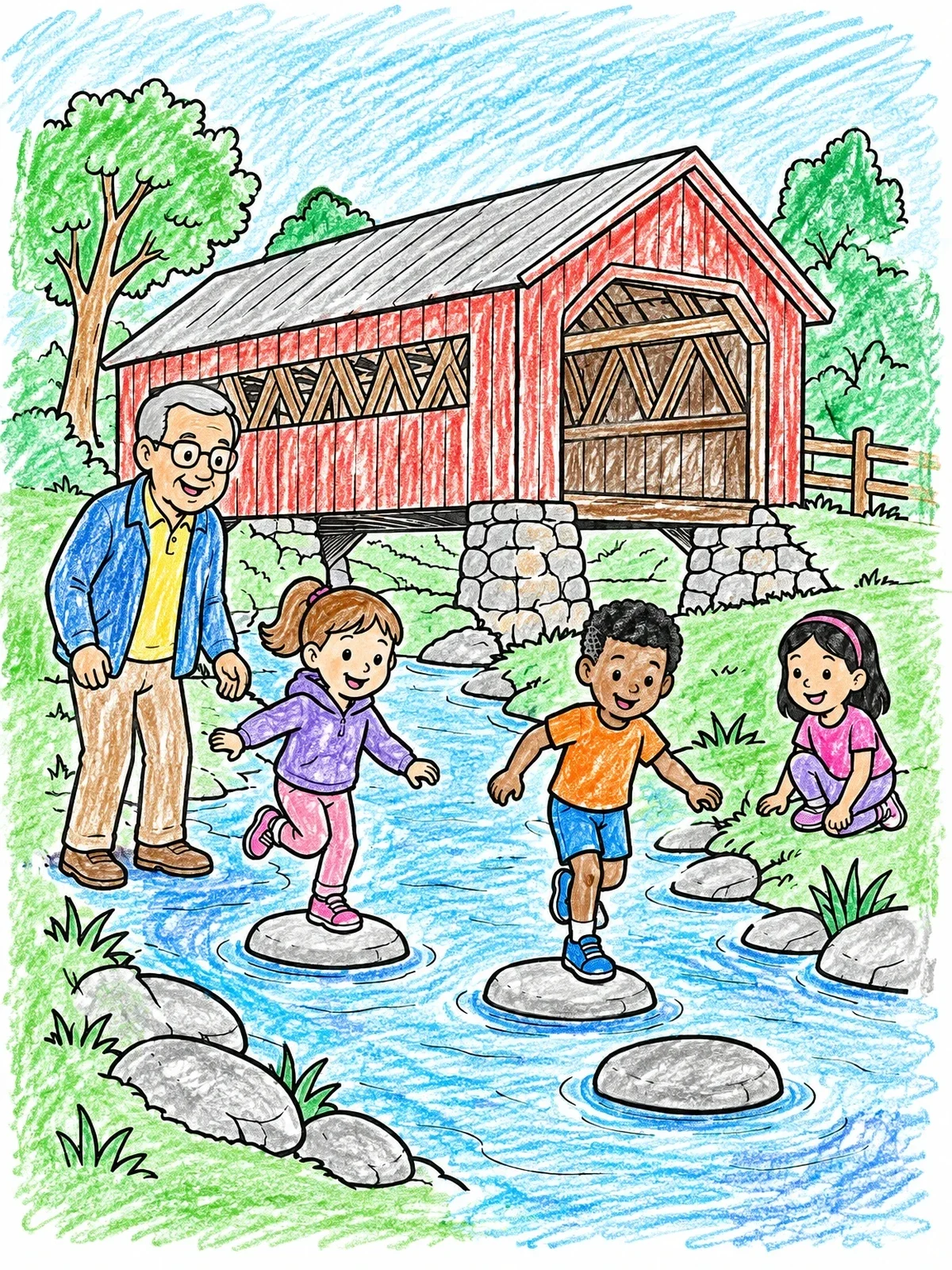 Colored example of the Family Crossing Stream Near Covered Bridge coloring page