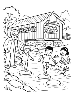 Free printable Family Crossing Stream Near Covered Bridge coloring page