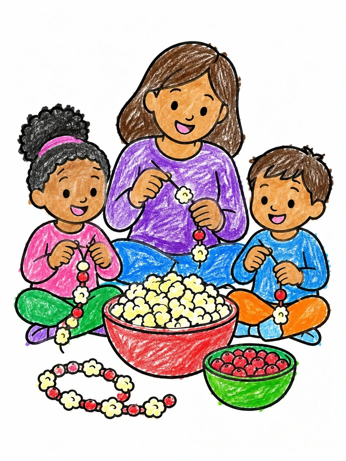 Colored example of the Family Stringing Popcorn Garland coloring page