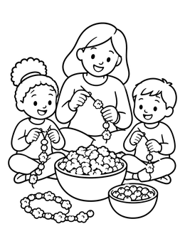 Free printable Family Stringing Popcorn Garland coloring page