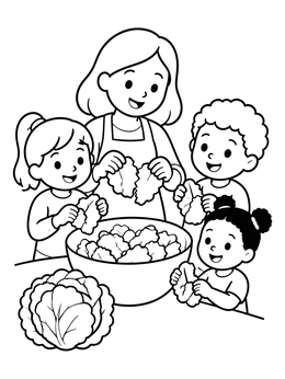 Free printable Family Tearing Lettuce Together coloring page