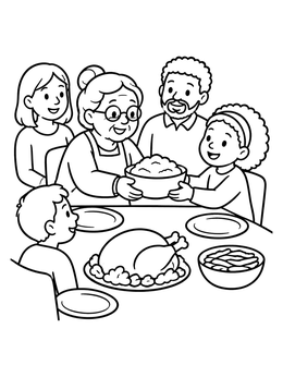 Free printable Family Sharing Thanksgiving Dinner coloring page