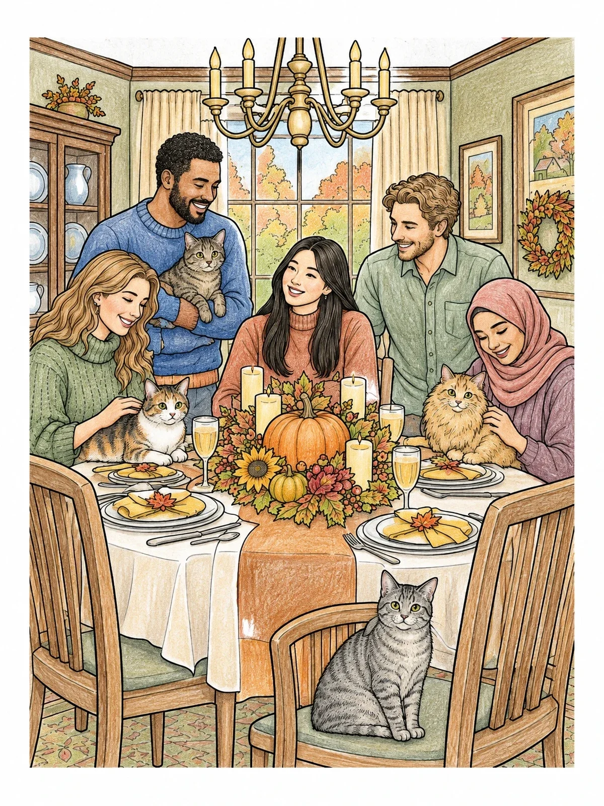 Colored example of the Family Thanksgiving Gathering With Cats coloring page