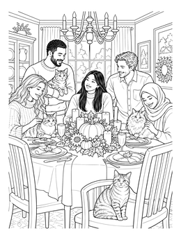 Free printable Family Thanksgiving Gathering With Cats coloring page