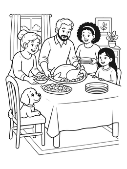 A family serving roast turkey on this thanksgiving dog coloring page with a cute puppy on a chair.