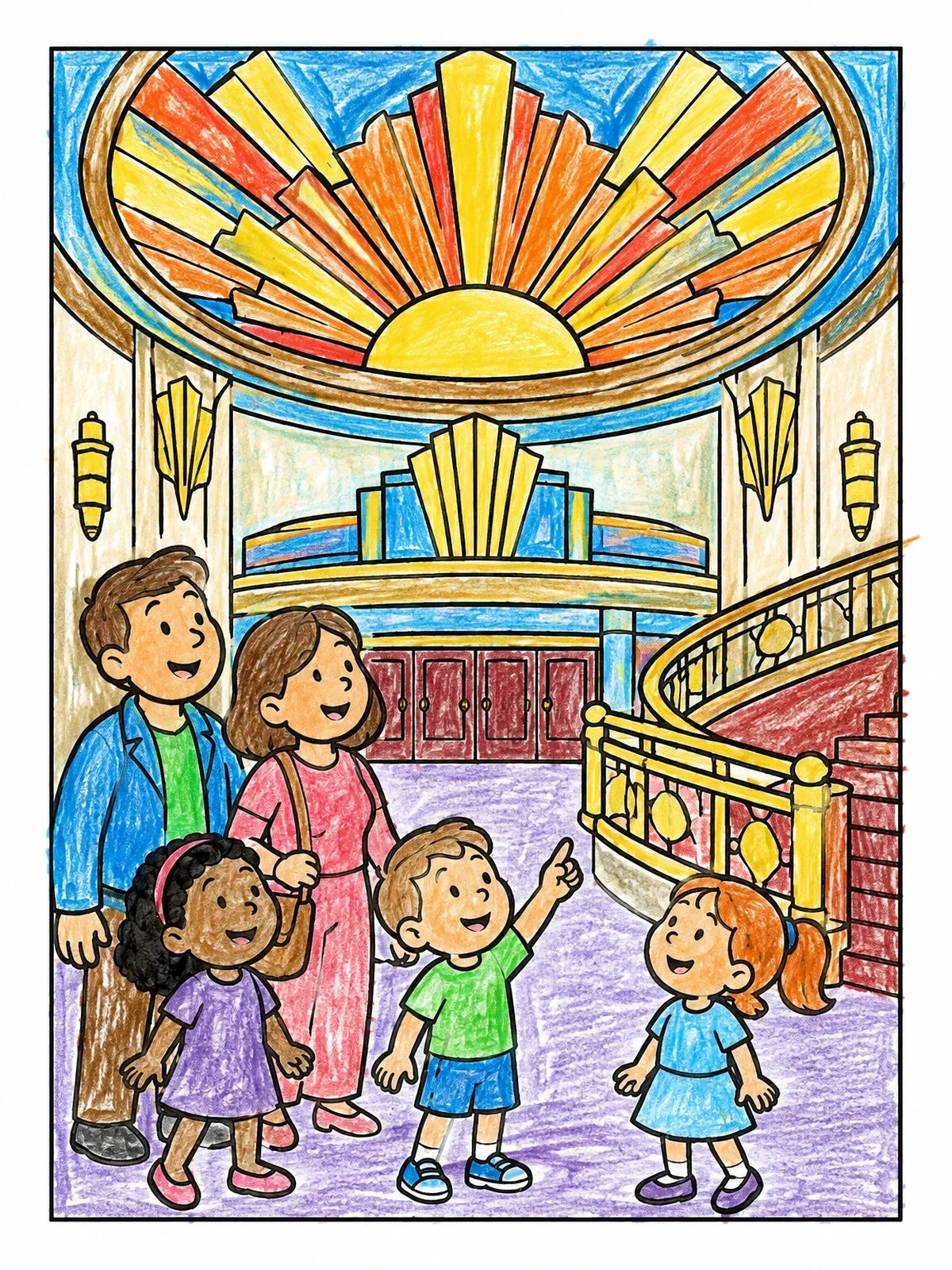 Colored example of the Family Touring An Art Deco Theater coloring page