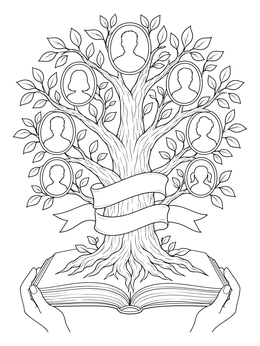 A leafy family tree growing from an open book held by hands in this family coloring page.