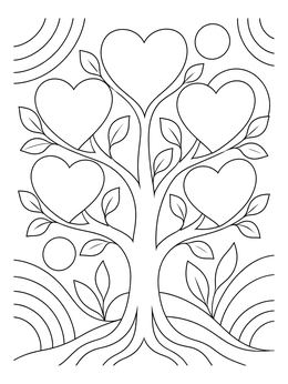 A family coloring page showing a stylized tree with large heart-shaped branches.