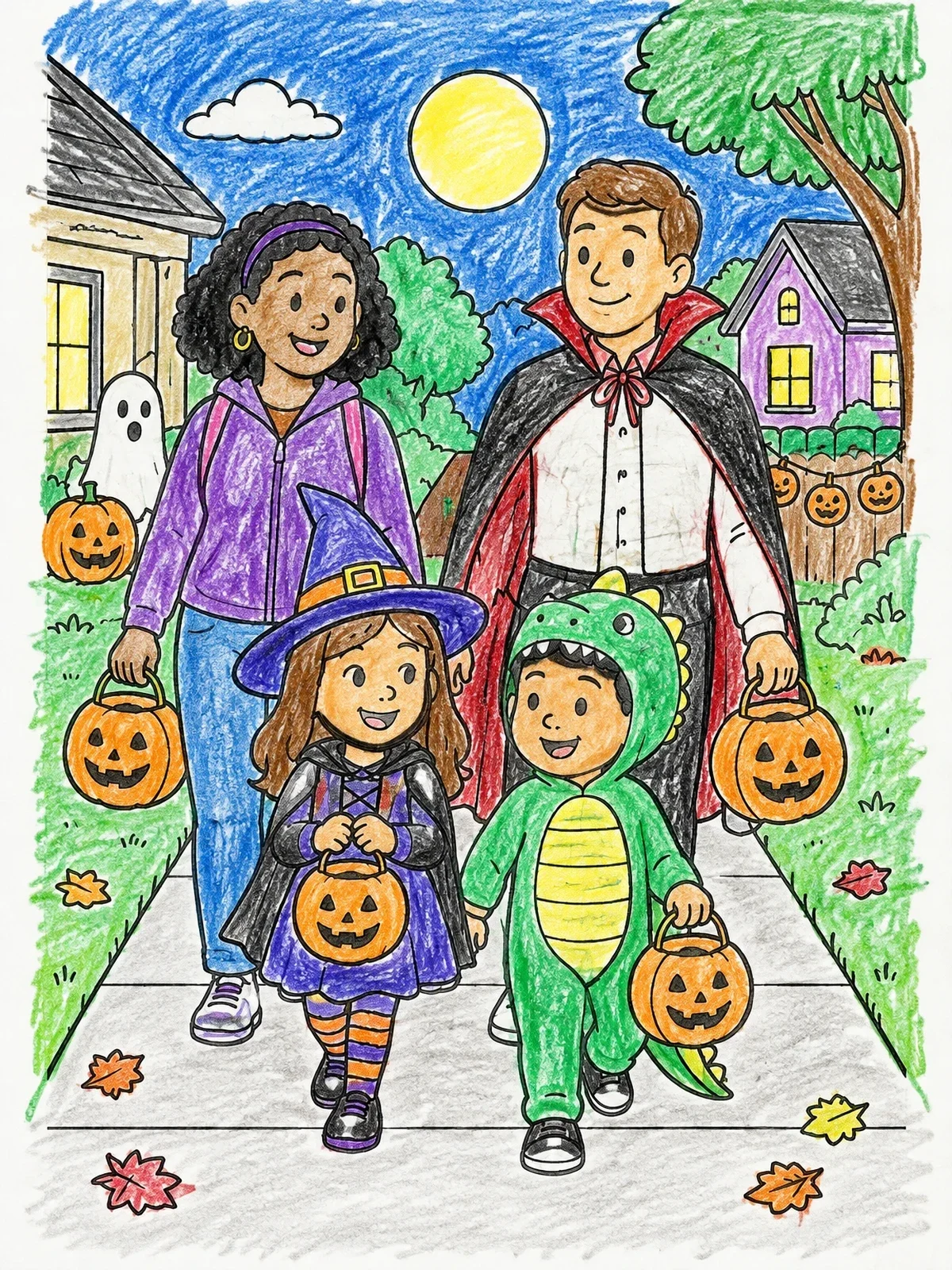 Colored example of the Family Trick Or Treating On Halloween Night coloring page