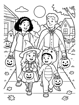 Free printable Family Trick Or Treating On Halloween Night coloring page