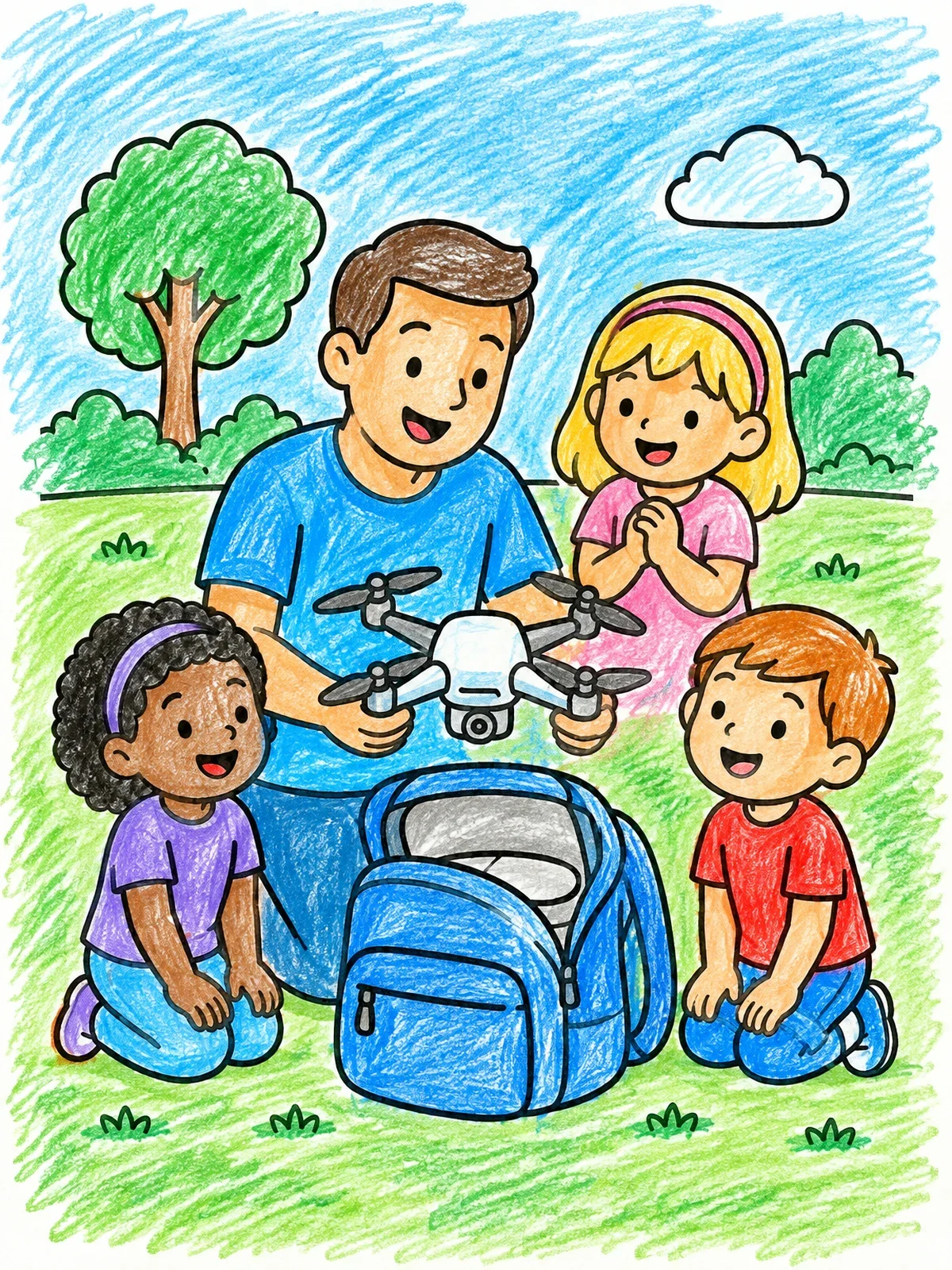 Colored example of the Family Unpacking A Drone Outdoors coloring page