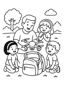 Free printable Family Unpacking A Drone Outdoors coloring page
