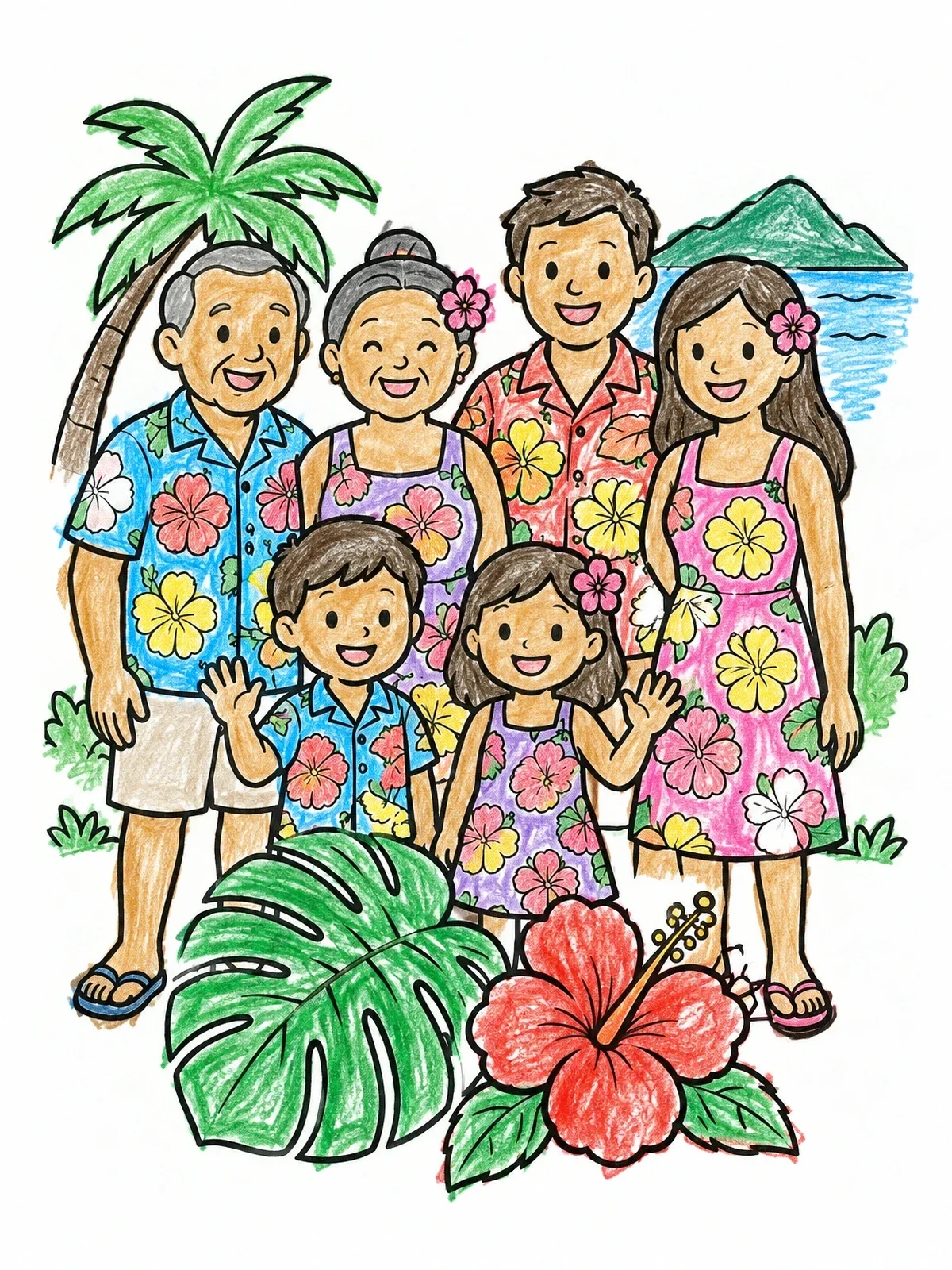 Colored example of the Family Vacation With Hawaiian Flowers coloring page