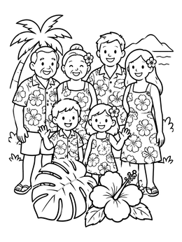A smiling family poses outdoors on this hawaiian flowers coloring page with a monstera leaf and hibiscus.