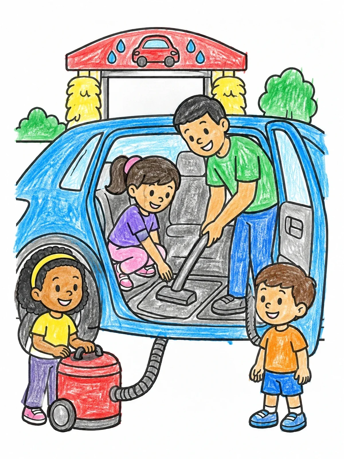 Colored example of the Family Vacuuming Car Together coloring page