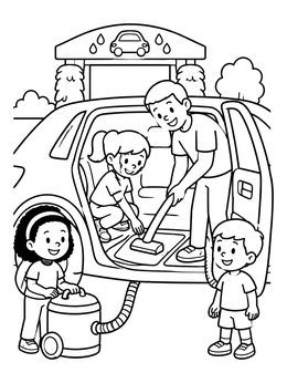 Free printable Family Vacuuming Car Together coloring page