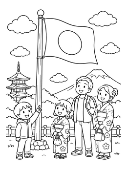 Free printable Family Admiring The Japanese Flag coloring page