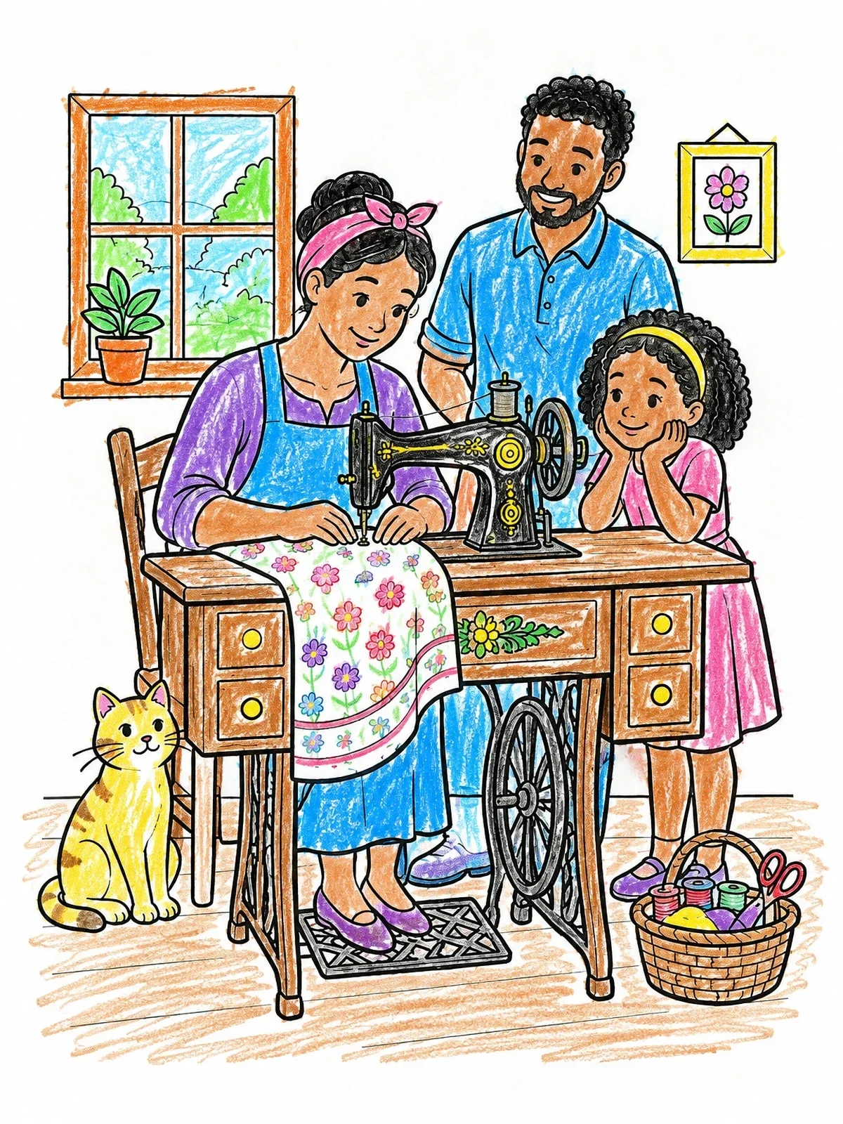 Colored example of the Family Around Vintage Sewing Machine coloring page