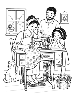 Free printable Family Around Vintage Sewing Machine coloring page