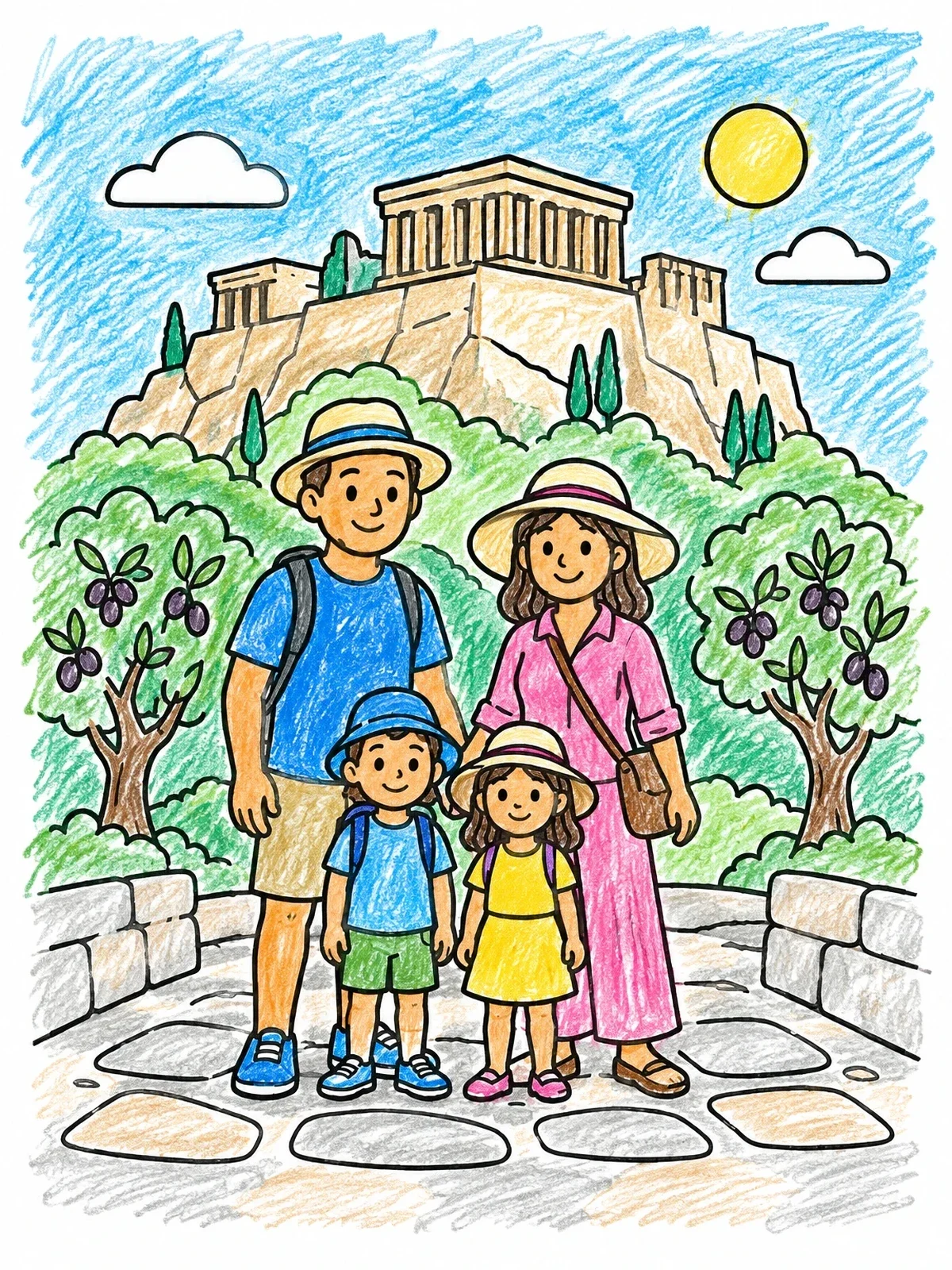 Colored example of the Family Visiting The Acropolis In Greece coloring page