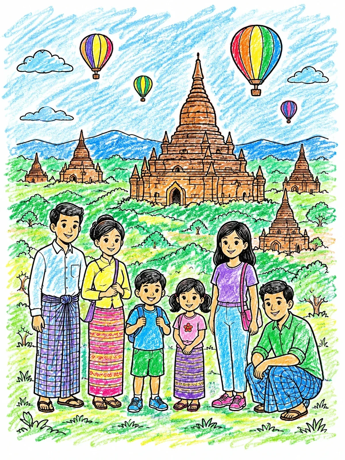 Colored example of the Family Visit To Ancient Bagan Temples coloring page