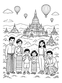Free printable Family Visit To Ancient Bagan Temples coloring page